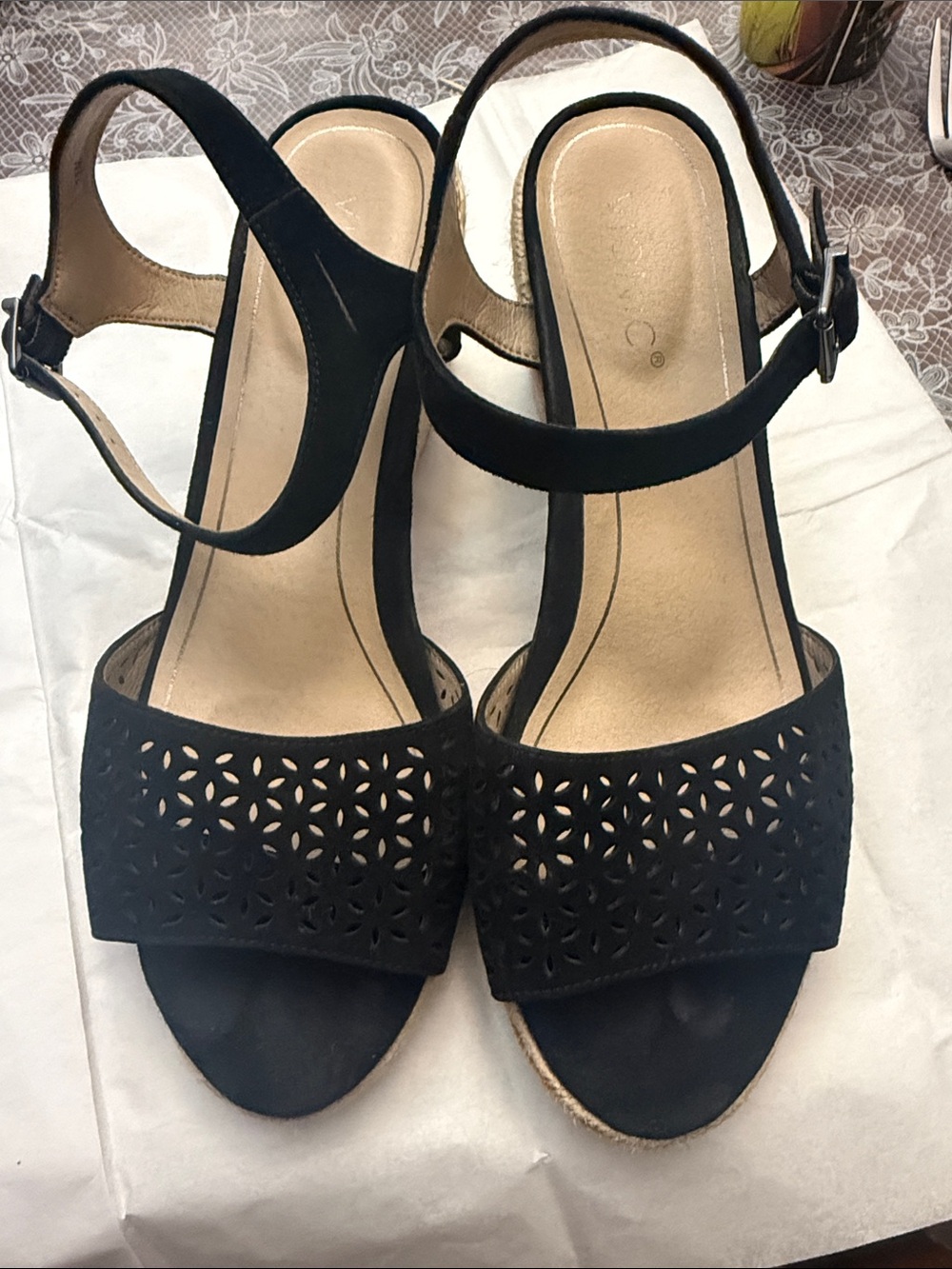 Vionic Black Laser-Cut Wedge Slingback Sandals
